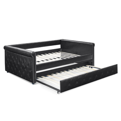Twin Size Daybed with Trundle Upholstered Tufted Sofa Bed with Button and Copper Nails- Black, PU_4