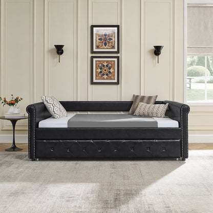 Twin Size Daybed with Trundle Upholstered Tufted Sofa Bed with Button and Copper Nails- Black, PU_2