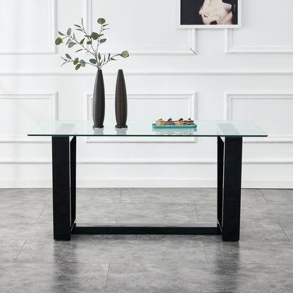 Rectangular Dining Transparent Tempered Glass Tabletop with Black Trapezoid Bracket_1