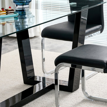 Rectangular Dining Transparent Tempered Glass Tabletop with Black Trapezoid Bracket_10