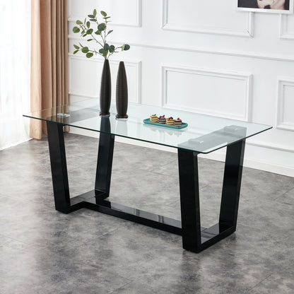 Rectangular Dining Transparent Tempered Glass Tabletop with Black Trapezoid Bracket_0