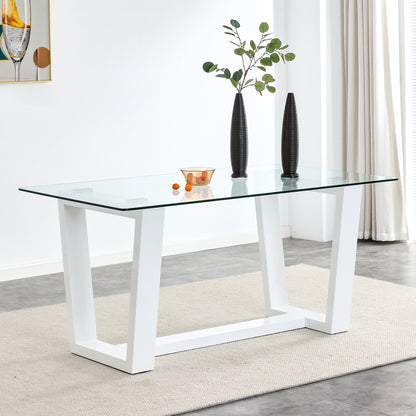 Rectangular Dining  Transparent Tempered Glass Tabletop with White Trapezoid Bracket_0