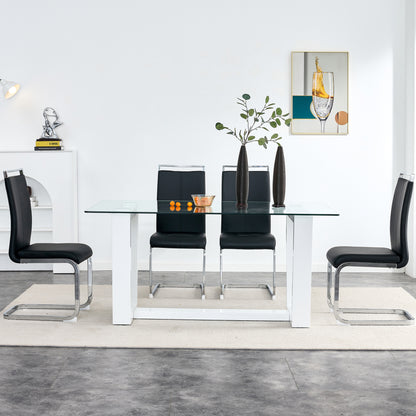 Rectangular Dining  Transparent Tempered Glass Tabletop with White Trapezoid Bracket_3