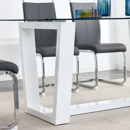Rectangular Dining  Transparent Tempered Glass Tabletop with White Trapezoid Bracket_11
