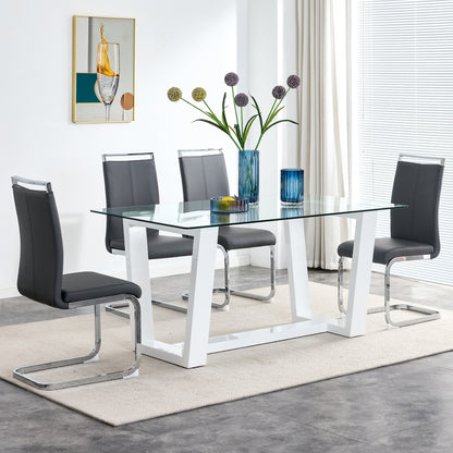 Rectangular Dining  Transparent Tempered Glass Tabletop with White Trapezoid Bracket_4