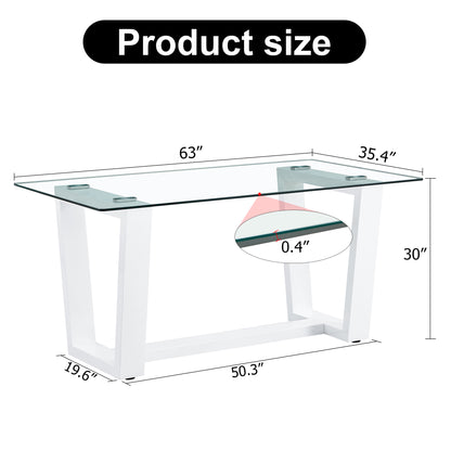 Rectangular Dining  Transparent Tempered Glass Tabletop with White Trapezoid Bracket_24