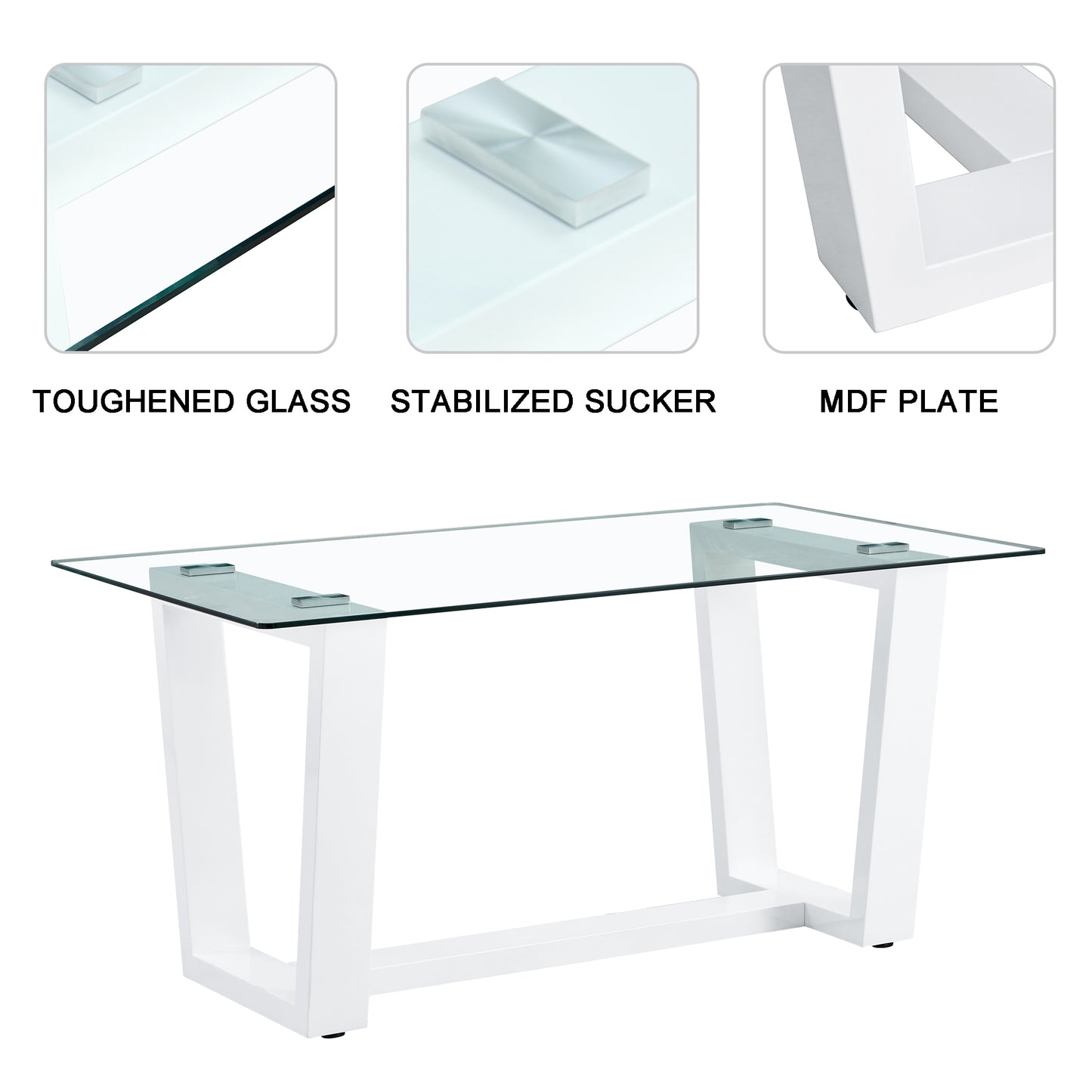 Rectangular Dining  Transparent Tempered Glass Tabletop with White Trapezoid Bracket_21