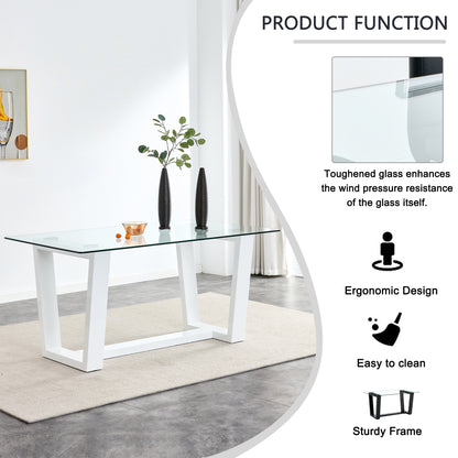Rectangular Dining  Transparent Tempered Glass Tabletop with White Trapezoid Bracket_22