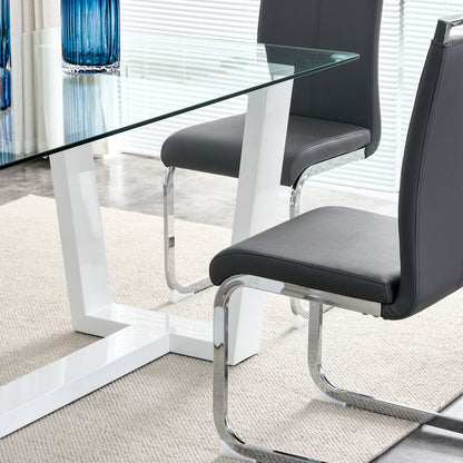Rectangular Dining  Transparent Tempered Glass Tabletop with White Trapezoid Bracket_12