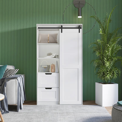 Freestanding Contemporary Wooden Closet Cabinet with Hanging Rod- Antique White_2