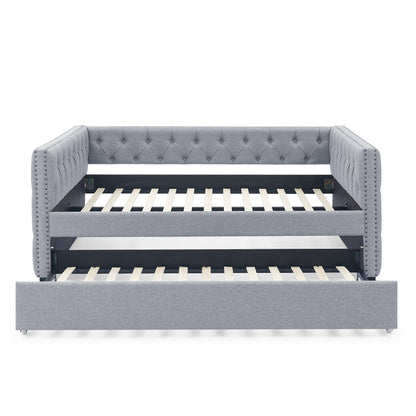 Twin Size Daybed with Trundle Upholstered Tufted Sofa Bed with Button and Copper Nails- Grey, Linen_5