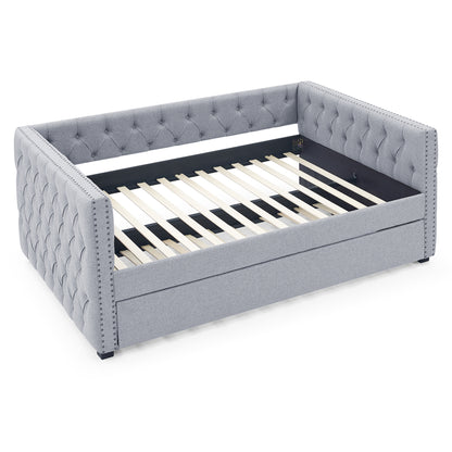 Twin Size Daybed with Trundle Upholstered Tufted Sofa Bed with Button and Copper Nails- Grey, Linen_3