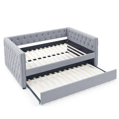 Twin Size Daybed with Trundle Upholstered Tufted Sofa Bed with Button and Copper Nails- Grey, Linen_6