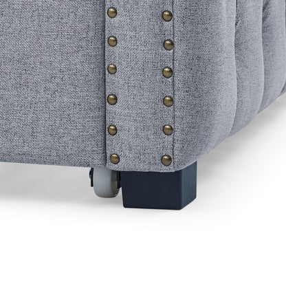 Twin Size Daybed with Trundle Upholstered Tufted Sofa Bed with Button and Copper Nails- Grey, Linen_8