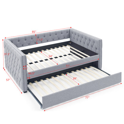 Twin Size Daybed with Trundle Upholstered Tufted Sofa Bed with Button and Copper Nails- Grey, Linen_11