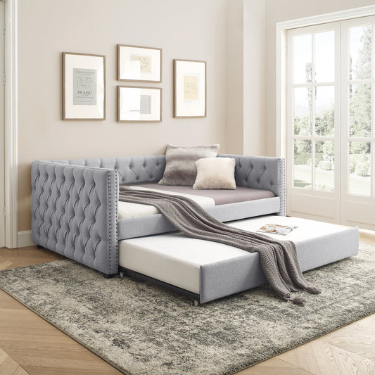Twin Size Daybed with Trundle Upholstered Tufted Sofa Bed with Button and Copper Nails- Grey, Linen_0
