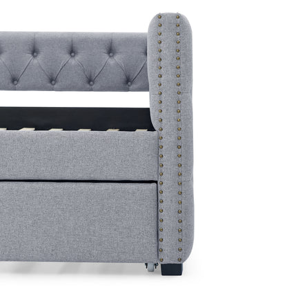 Twin Size Daybed with Trundle Upholstered Tufted Sofa Bed with Button and Copper Nails- Grey, Linen_9