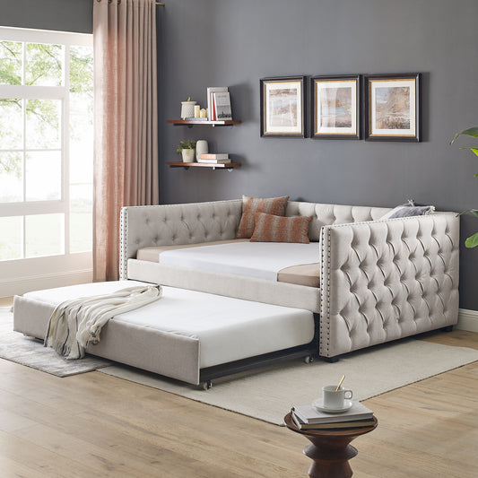 Twin Size Daybed with Trundle Upholstered Tufted Sofa Bed with Button and Copper Nails- Beige, Linen_0