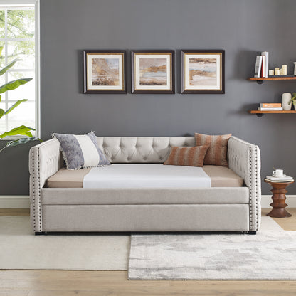 Twin Size Daybed with Trundle Upholstered Tufted Sofa Bed with Button and Copper Nails- Beige, Linen_2