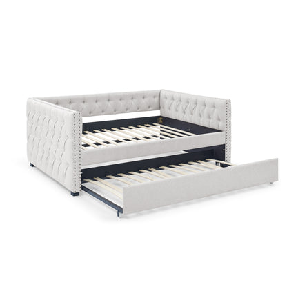 Twin Size Daybed with Trundle Upholstered Tufted Sofa Bed with Button and Copper Nails- Beige, Linen_6