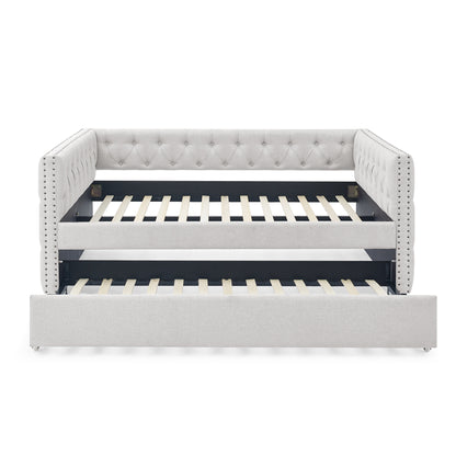 Twin Size Daybed with Trundle Upholstered Tufted Sofa Bed with Button and Copper Nails- Beige, Linen_3