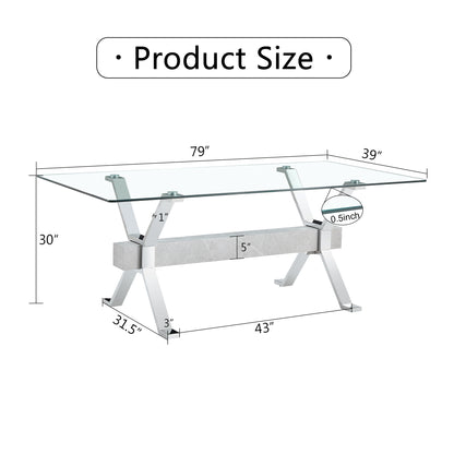 Modern Luxury Tempered Silver Chrome Plated Glass Table with White Support Crossbar_15