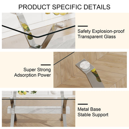Modern Luxury Tempered Silver Chrome Plated Glass Table with White Support Crossbar_17