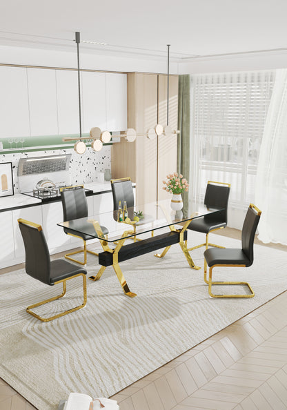 Modern Luxury Tempered Gold Chrome Plated Glass Table with Black Support Crossbar_8