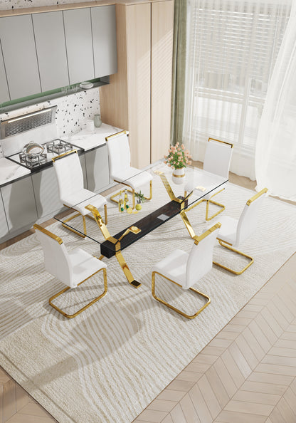 Modern Luxury Tempered Gold Chrome Plated Glass Table with Black Support Crossbar_6