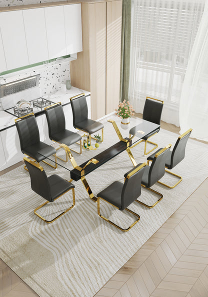 Modern Luxury Tempered Gold Chrome Plated Glass Table with Black Support Crossbar_17