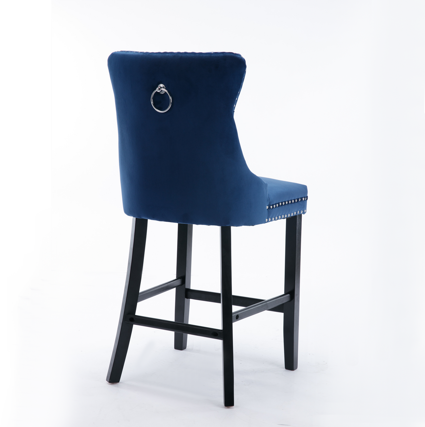 2 pcs High-End Chrome Detailed Tufted Contemporary Velvet Bar Stool with Wooden Legs- Blue, Black_2