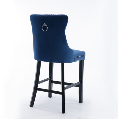 2 pcs High-End Chrome Detailed Tufted Contemporary Velvet Bar Stool with Wooden Legs- Blue, Black_2