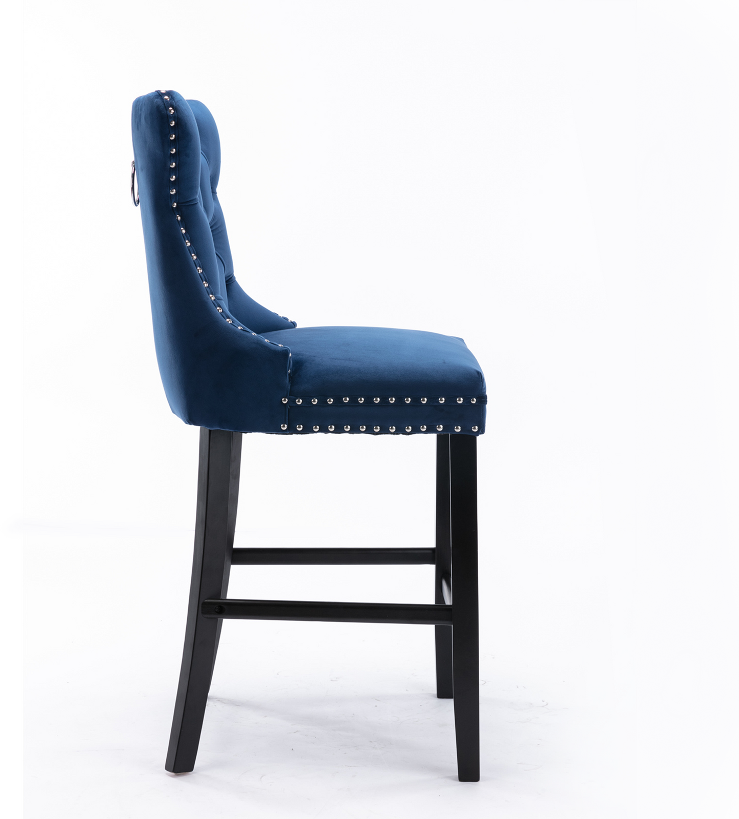 2 pcs High-End Chrome Detailed Tufted Contemporary Velvet Bar Stool with Wooden Legs- Blue, Black_3