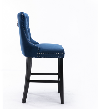 2 pcs High-End Chrome Detailed Tufted Contemporary Velvet Bar Stool with Wooden Legs- Blue, Black_3