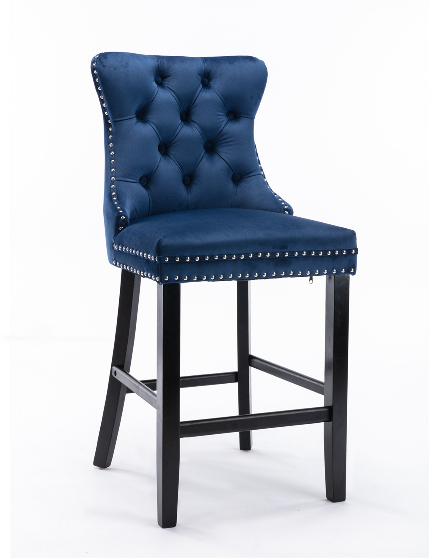 2 pcs High-End Chrome Detailed Tufted Contemporary Velvet Bar Stool with Wooden Legs- Blue, Black_4