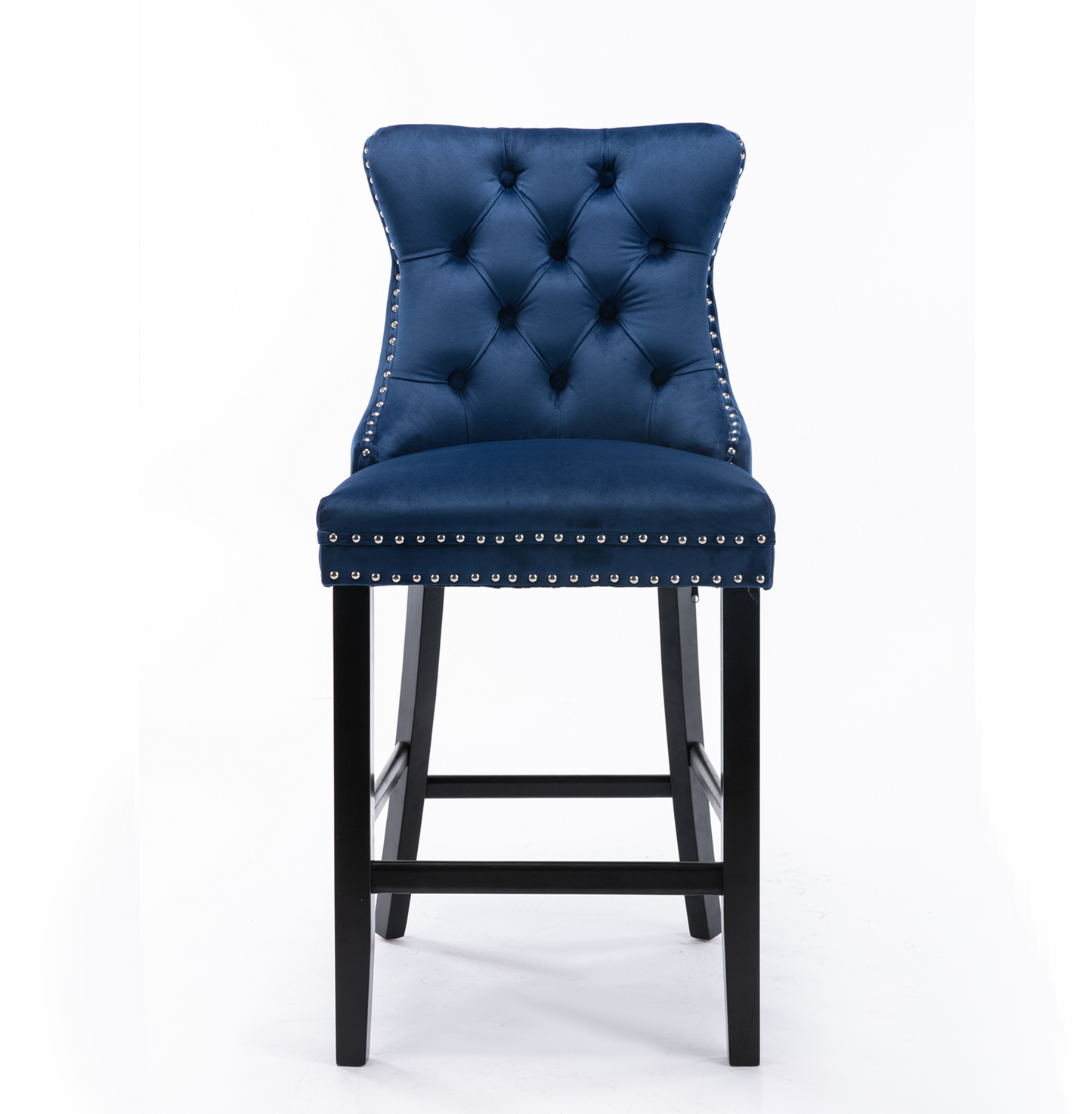 2 pcs High-End Chrome Detailed Tufted Contemporary Velvet Bar Stool with Wooden Legs- Blue, Black_5
