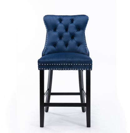 2 pcs High-End Chrome Detailed Tufted Contemporary Velvet Bar Stool with Wooden Legs- Blue, Black_5