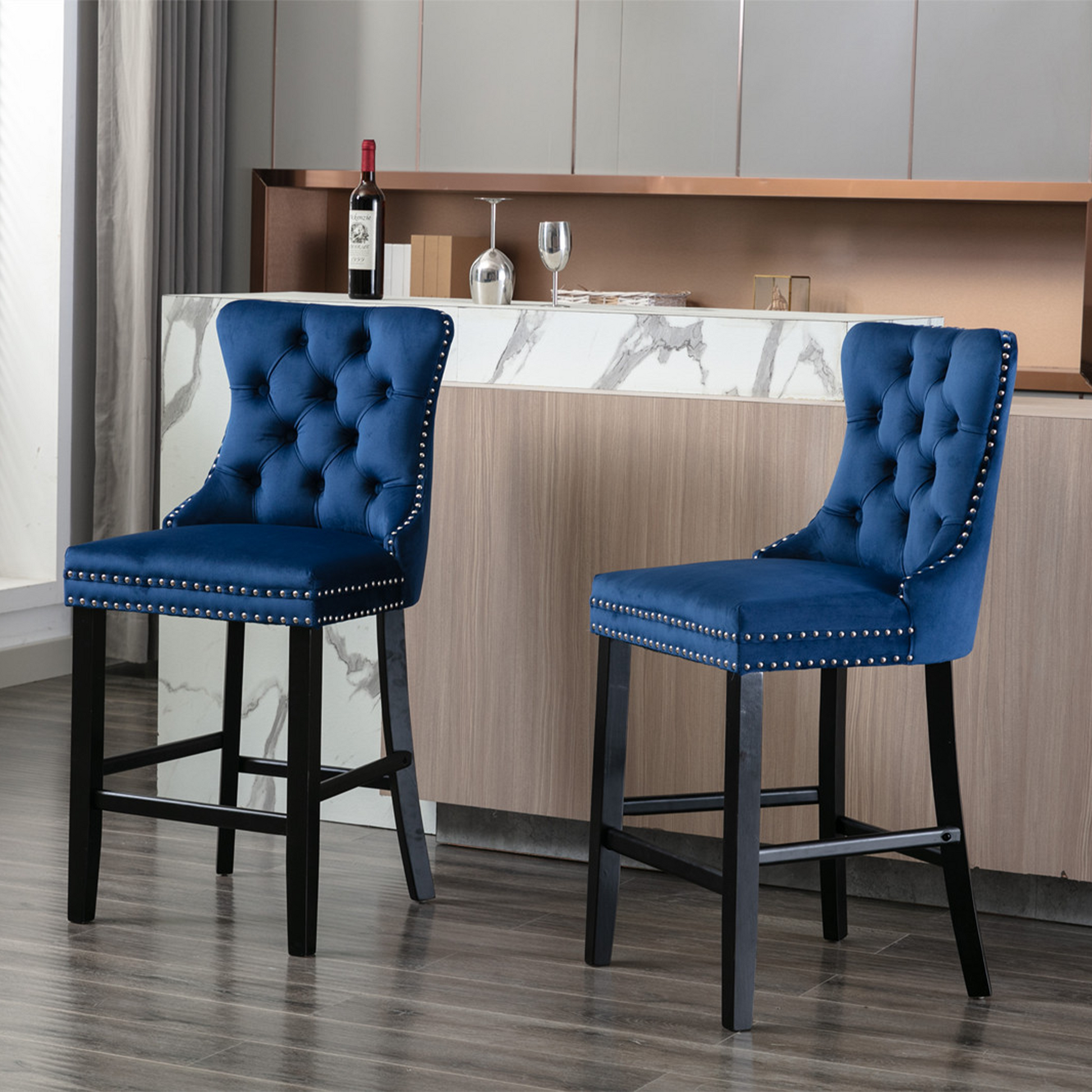 2 pcs High-End Chrome Detailed Tufted Contemporary Velvet Bar Stool with Wooden Legs- Blue, Black_6