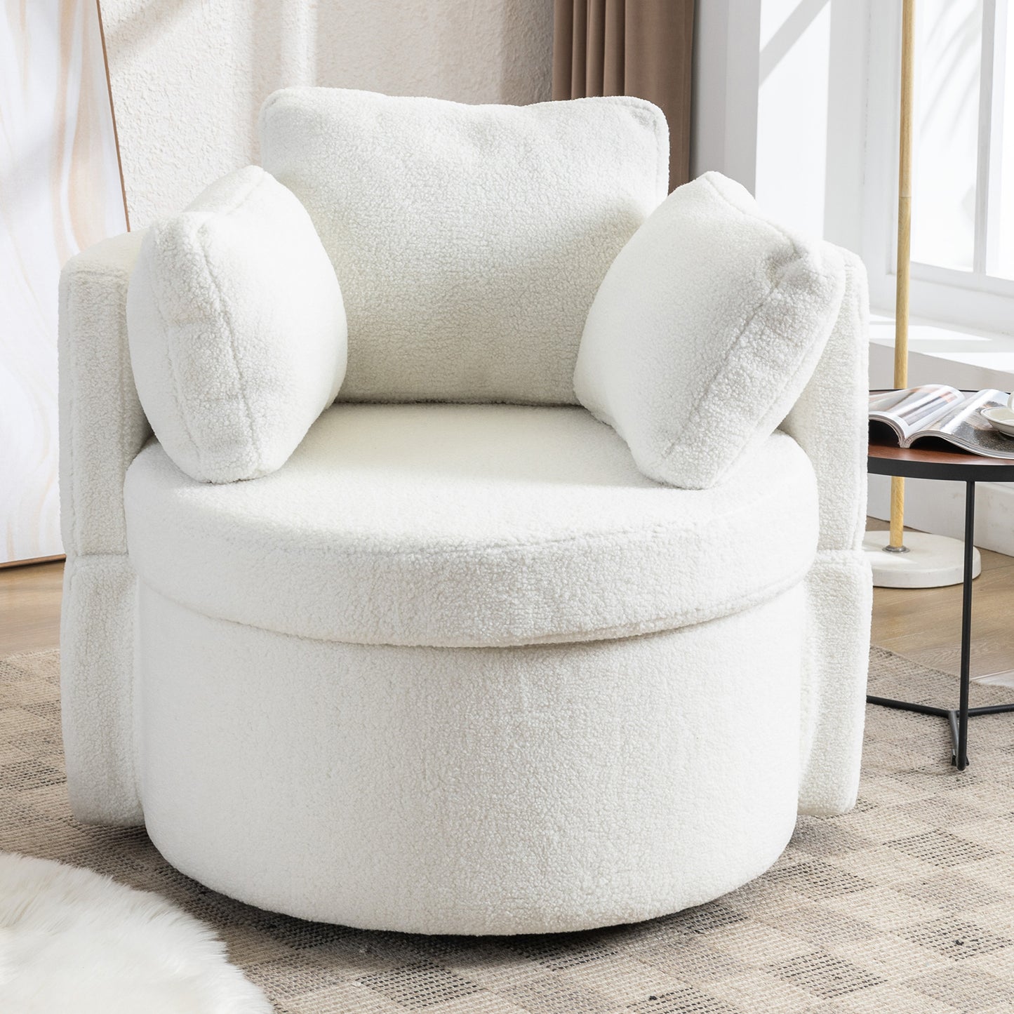 Modern Teddy Fabric Swivel and Storage Lounge Chair with Pillow Set- Ivory_2