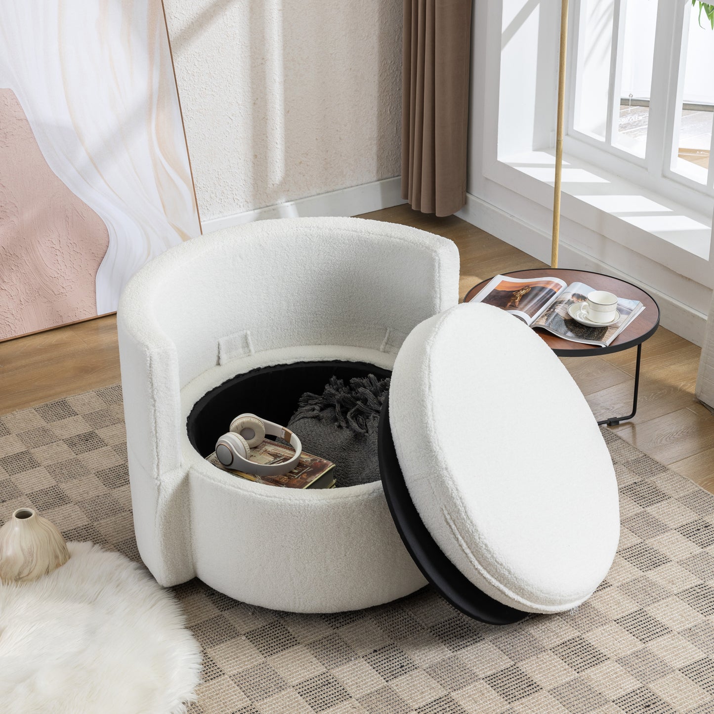 Modern Teddy Fabric Swivel and Storage Lounge Chair with Pillow Set- Ivory_3