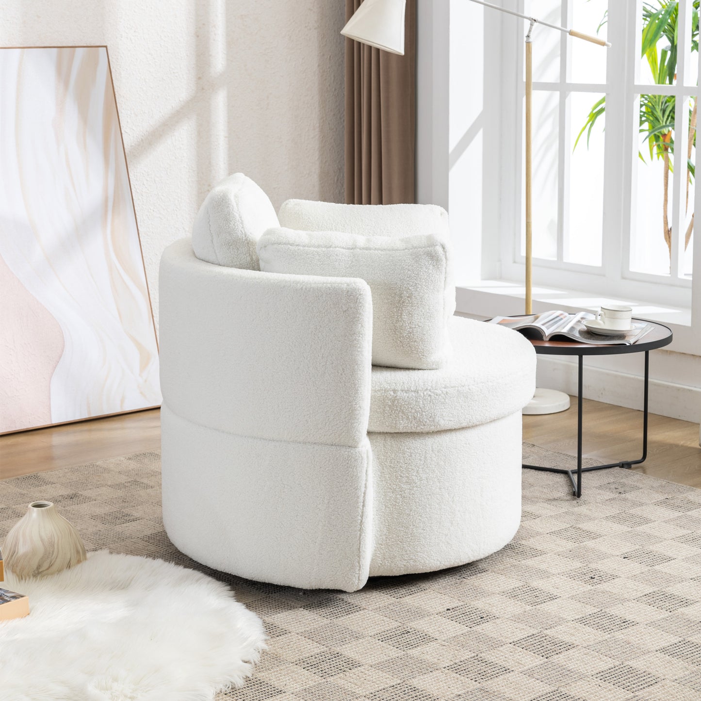 Modern Teddy Fabric Swivel and Storage Lounge Chair with Pillow Set- Ivory_4