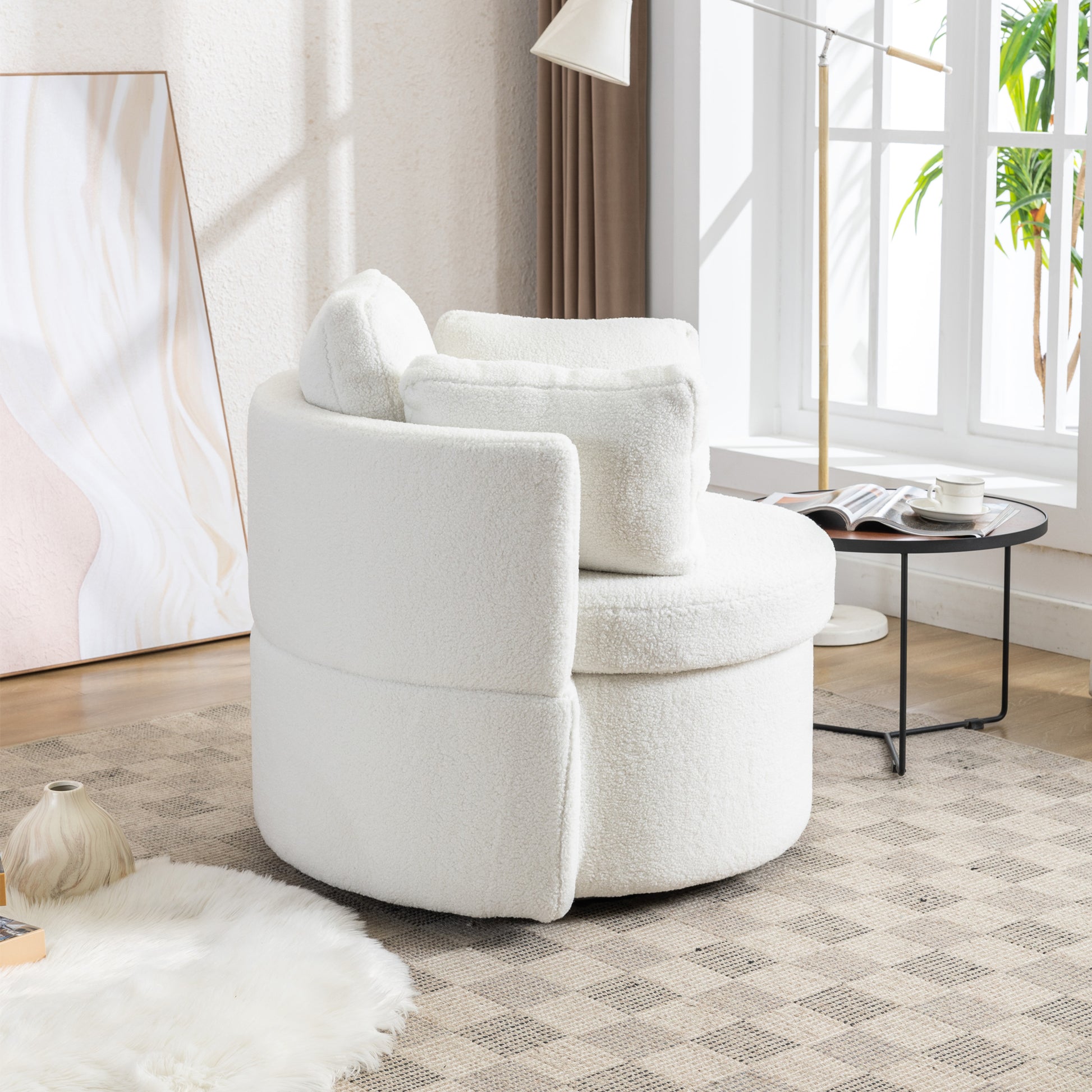 Modern Teddy Fabric Swivel and Storage Lounge Chair with Pillow Set- Ivory_4