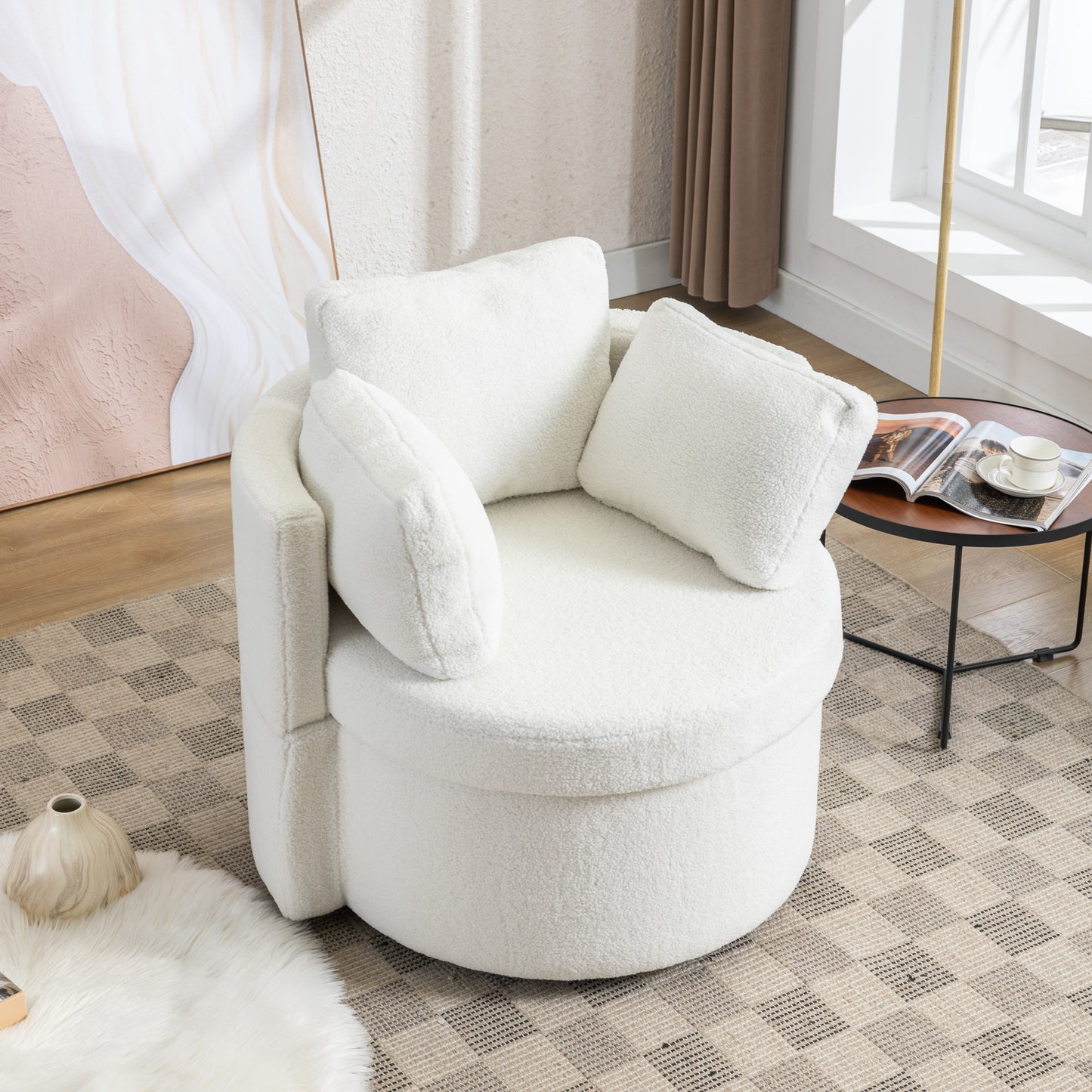 Modern Teddy Fabric Swivel and Storage Lounge Chair with Pillow Set- Ivory_5