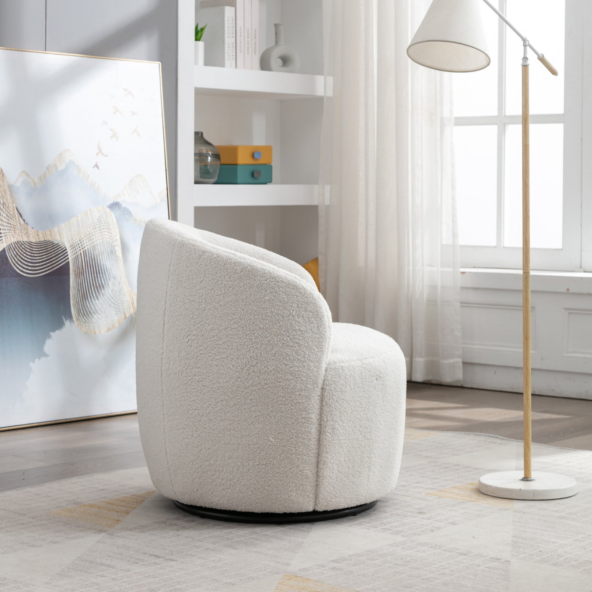 Teddy Fabric Swivel Accent Armchair Barrel Chair With Black Metal Ring- Ivory White_9