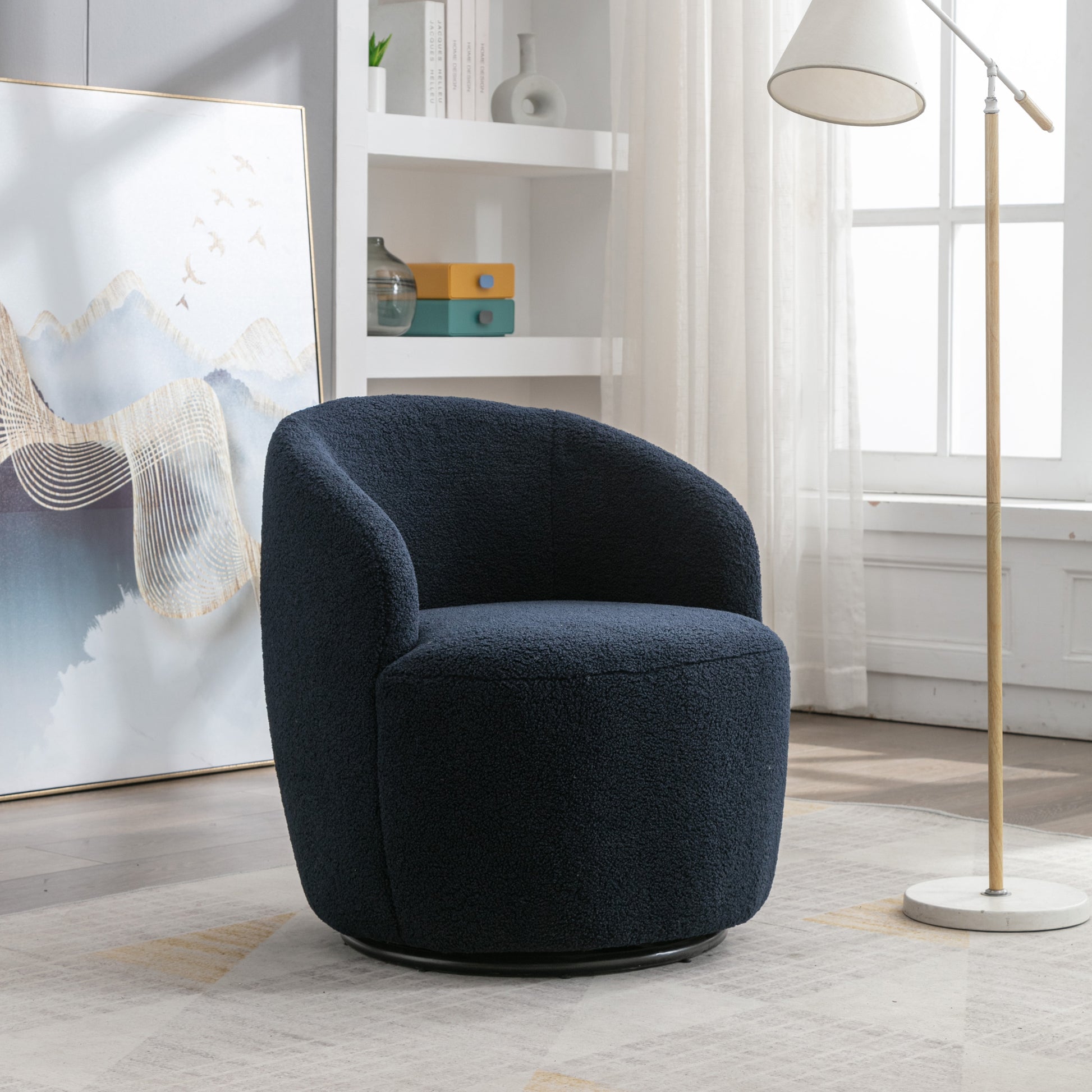 Teddy Fabric Swivel Accent Armchair Barrel Chair With Black Metal Ring- Dark Blue_14