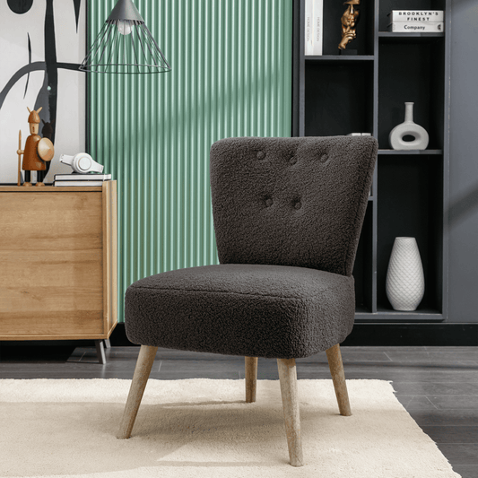 Modern Armless Accent Teddy Fabric Button Chair with Wooden Legs- Dark Grey_0