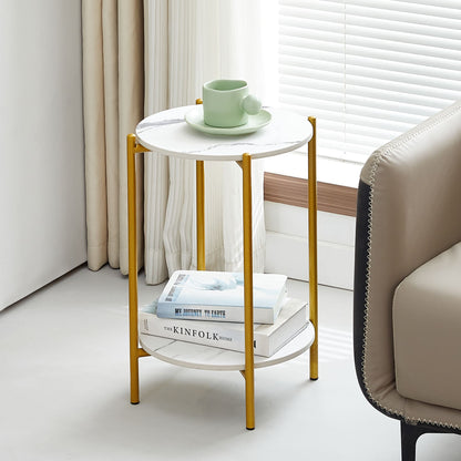 2 Layered Indoor and Outdoor Metal Coffee Table for Home and Office- Marble, Golden_1