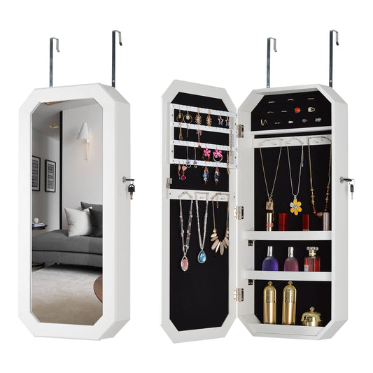 Fashionable Octagon Rimmed Mirror and Jewelry Storage Cabinet- White_0