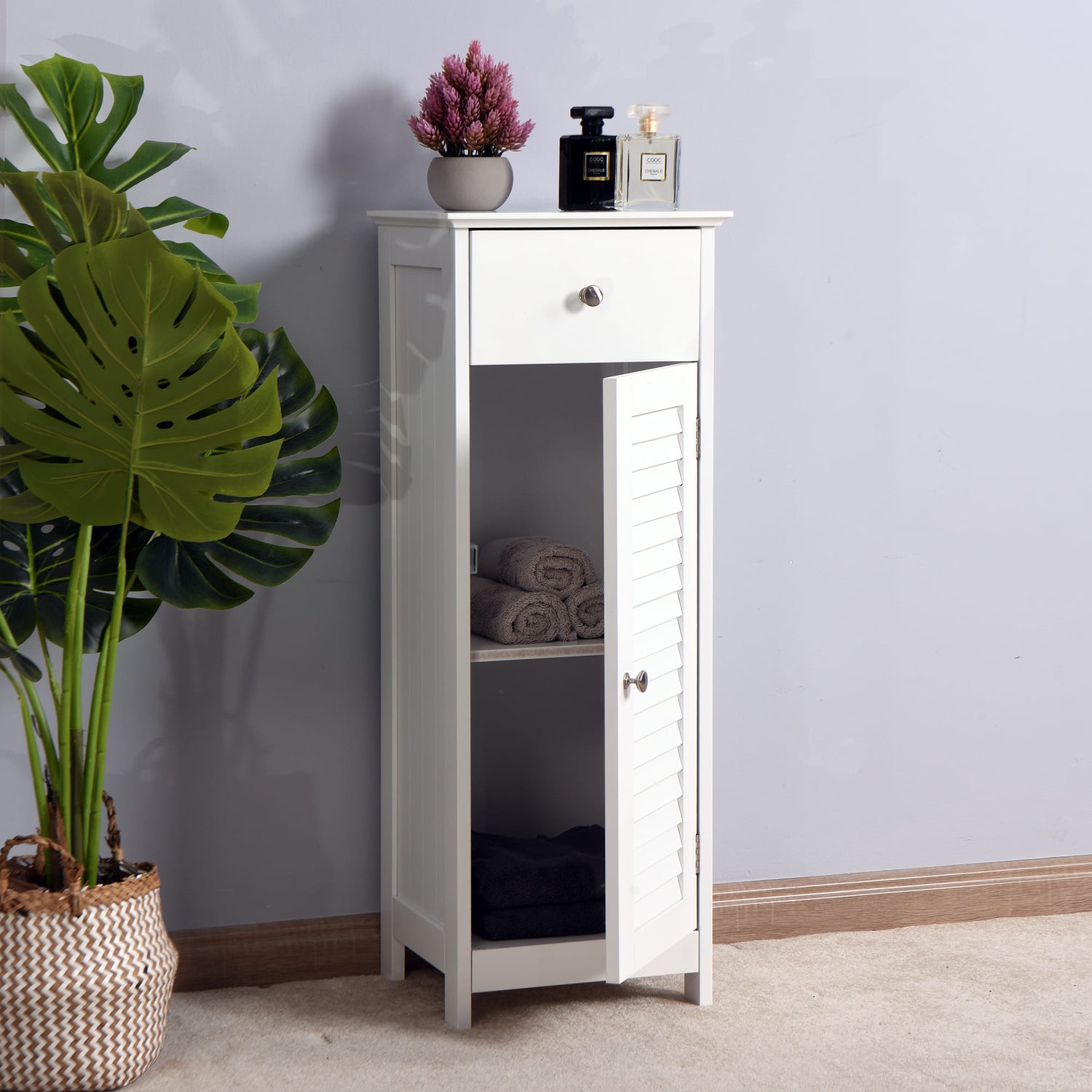 1 Drawer Free Standing Single Shutter Storage Cabinet for Bedroom and Bathroom- White_0