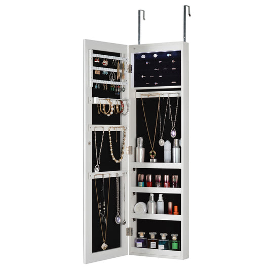 Full Body Mirror and Jewelry Case Storage Cabinet with LED Light- White_0
